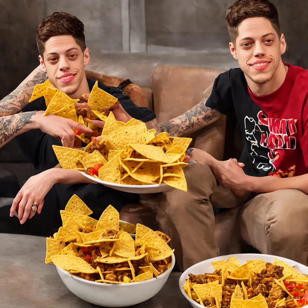 Image similar to pete davidson sitting in a bowl of nice fried chicken and nachos