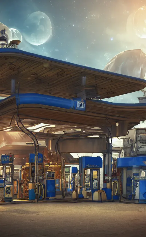 Image similar to steampunk gas station in space, 4 k, polished, photorealistic, hard edges, zoomed in, very coherent, sharp focus, rim light, exquisite lighting, blue gradient, hard edges, sci - fi, cinematic, octane render