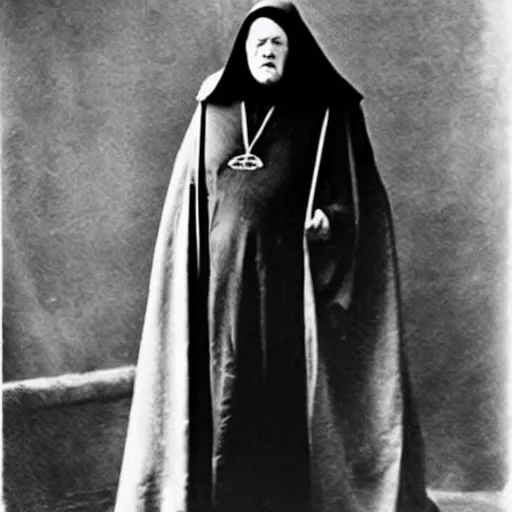 Image similar to aleister crowley wearing a dark hooded cloak