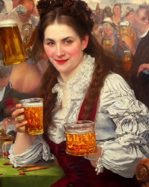 Image similar to a painting of janice jarratt holding a mug of beer at the oktoberfest, a detailed painting by konstantin makovsky and by jan matejko and by nikolay makovsky, shutterstock contest winner, german romanticism, detailed painting, oil on canvas, wimmelbilder