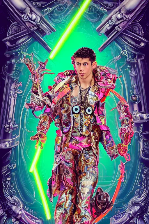 Image similar to full-body bladerunner neon rococo style sculpture of a handsome Spanish Nick Jonas as a half cibernetic android with a chest opening exposing circuitry and electric sparks, glowing laser beam eyes, crown of giant diamonds, flowing neon-colored silk, fabric, raptors. baroque elements. full-length view. baroque element. intricate artwork by caravaggio. many many birds birds on background. Trending on artstation, octane render, cinematic lighting from the right, hyper realism, octane render, 8k, depth of field, 3D