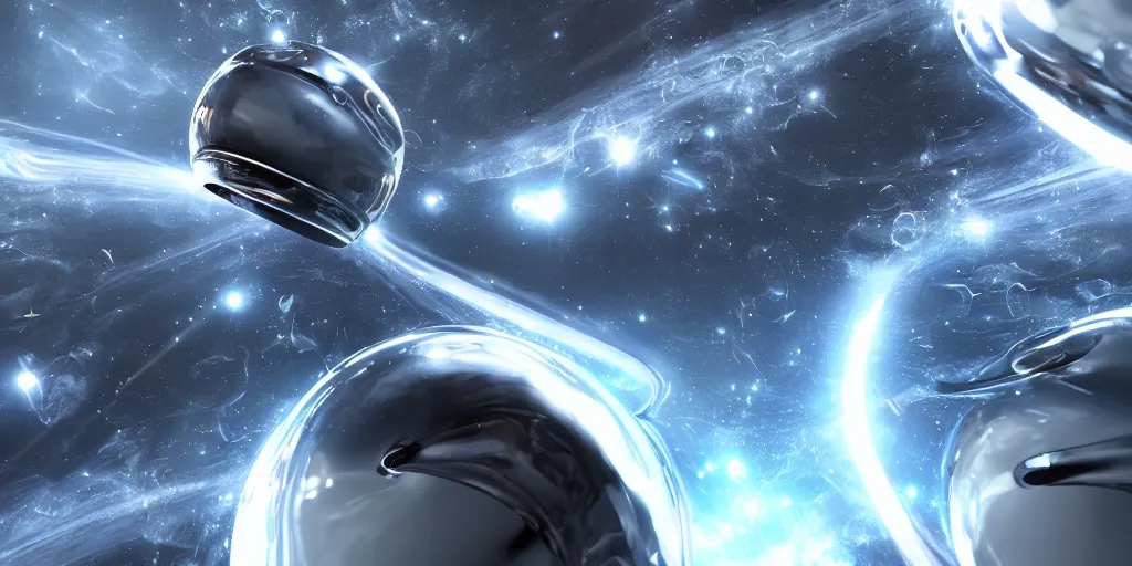 Image similar to chrome blob flying through space futuristic hyperspeed photorealistic render unreal ultrawide