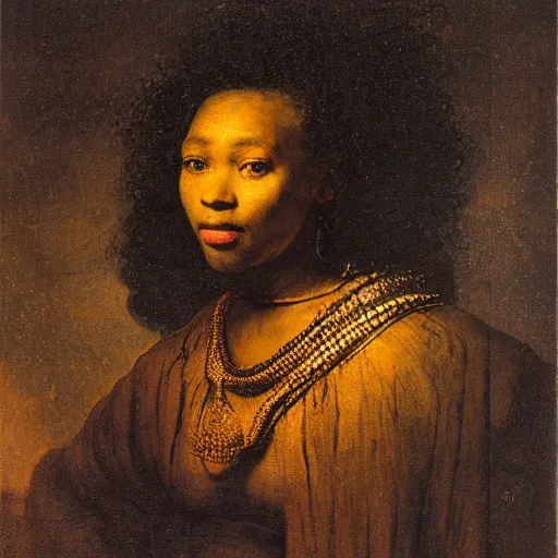 Prompt: portrait of a dark-skinned beautiful woman under the night sky, earthship, Rembrandt