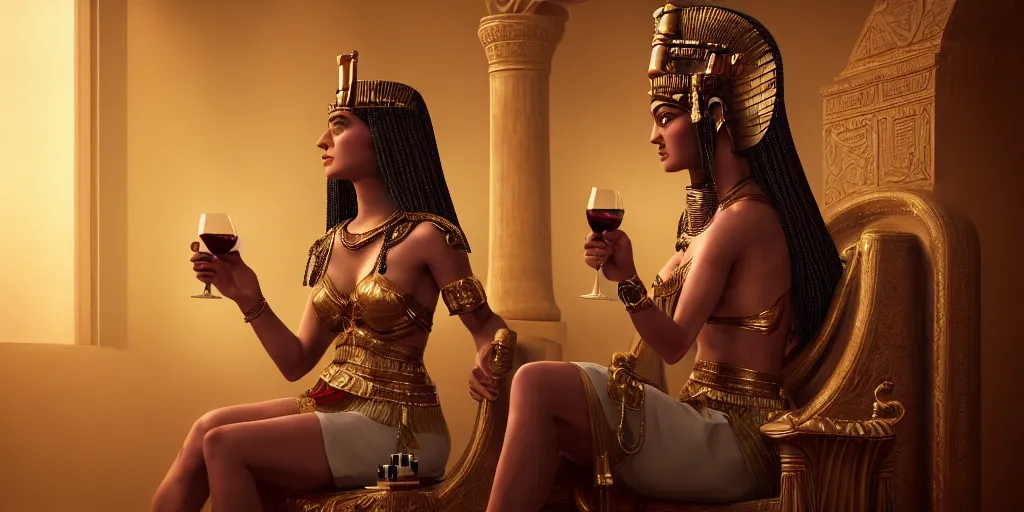 Image similar to detailed portrait of Cleopatra drinking wine on her throne, hyper-realistic, Unreal Engine, Octane Render, digital art, trending on Artstation, 8k, detailed, atmospheric, immaculate