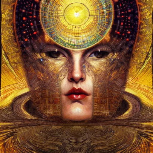 Prompt: Divine Chaos Engine portrait by Karol Bak, Jean Deville, Gustav Klimt, and Vincent Van Gogh, sacred geometry, visionary, mystic, fractal structures, ornate gilded medieval icon, spirals