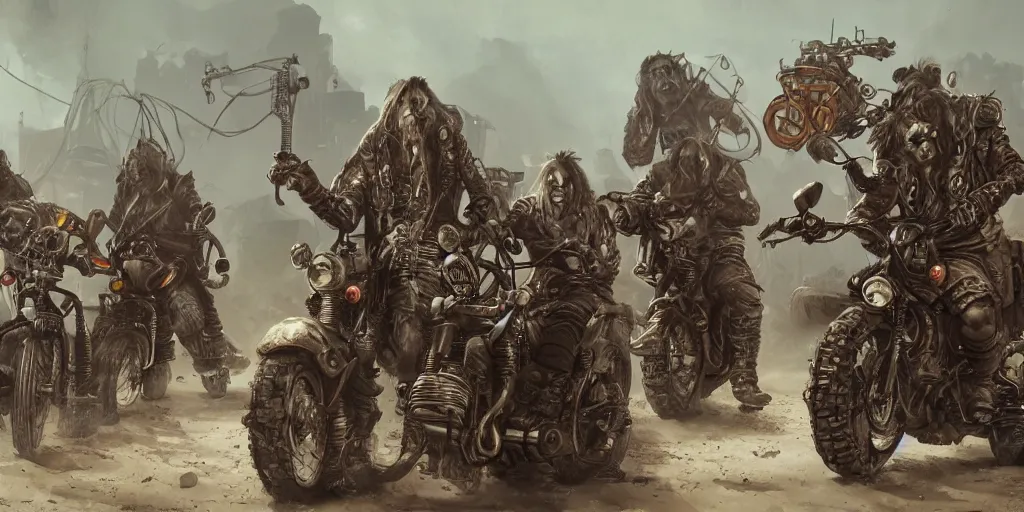 Prompt: psychedelic post apocalyptic orcish biker gang, incredibly detailed, sharp focus, artstation, cgsociety