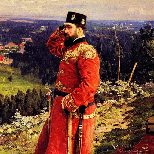 Prompt: portrait of russian tsar in Cap of Monomakh watching smartphone masterpiece painting by vasnetsov and surikov serov, JEAN-VICTOR BERTIN, by Terence Cuneo, detailed, artfully traced, 4k resolution, cinematic, dramatic