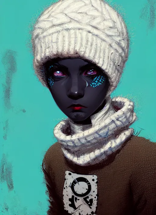 Image similar to highly detailed closeup portrait of a sewer punk lady student, beanie, harris tweed hoodie, blue eyes, frosty white hair by atey ghailan, by greg rutkowski, by greg tocchini, by james gilleard, by joe fenton, by kaethe butcher, gradient, blue, black, brown and cream color scheme, grunge aesthetic!!! white graffiti tag wall background