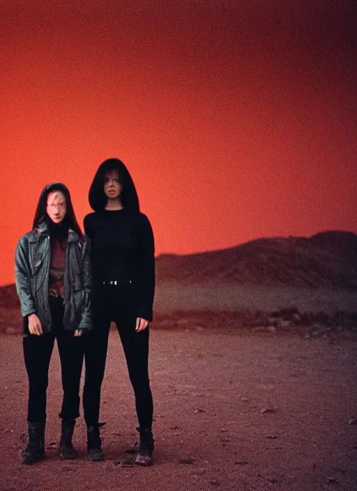 Prompt: cinestill 5 0 d photographic portrait of two loving female androids wearing rugged black techwear on a desolate plain with a red sky, extreme closeup, lizard on ground, cyberpunk style, in front of a brutalist dark metal facility, dust storm, 3 5 mm, 8 k, f / 3 2, high resolution, ultra realistic faces