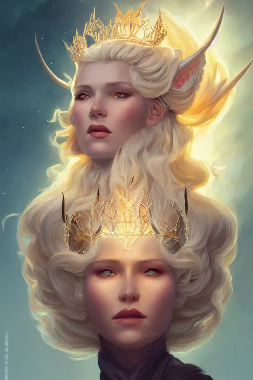 Image similar to stygian strange detailed portrait of a blue eyed, blonde haired crowned queen of summer with light elvish overtones and an arcane halo by kirsi Salonen, asya yoranova and peter mohrbacher trending on artstation