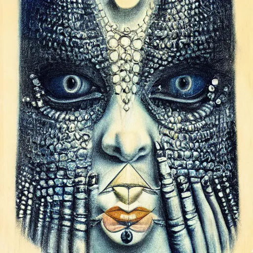 Image similar to Close-up of Norma Desmond, pencil drawing. El Greco, Remedios Varo, Salvador Dali, Carl Gustav Carus, John Atkinson Grimshaw. Blue tint. Symetrical, logo, geometric shapes.