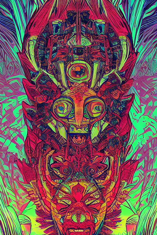 Image similar to totem animal tribal chaman vodoo mask feather gemstone plant video game illustration vivid color borderlands and by feng zhu and loish and laurie greasley, victo ngai, andreas rocha, john harris radiating a glowing aura