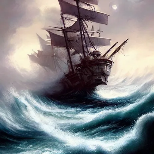 Image similar to A kraken emerging from the stormy ocean depths attacking a 17th century Ship-of-the-line, atmospheric, dramatic, concept art by Peter Mohrbacher