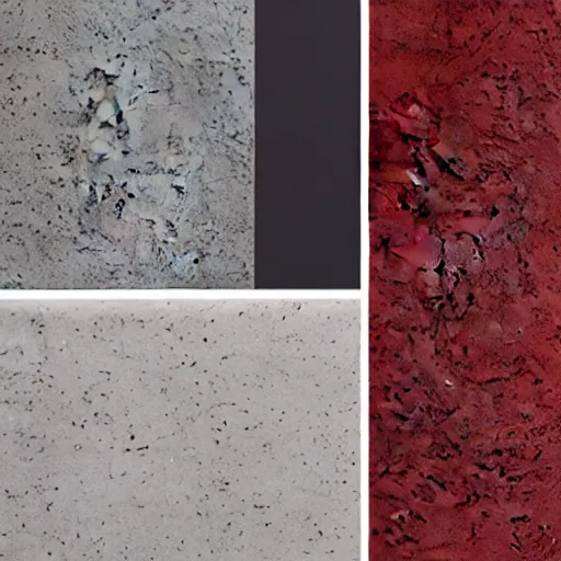 Image similar to material sample board combining concrete, red painted metal, oak, plants, dark grey carpet, architectural finishes