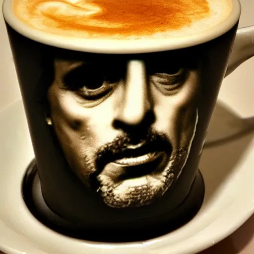 Image similar to al pacino's face made of milk foam in a cup of cappuccino, high detail