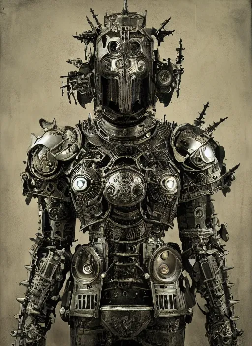 Prompt: old wetplate daguerreotype frame portrait of a futuristic silver armored evil dangerous horror knight district 9 cyborg, fractal, intricate, elegant, highly detailed, subsurface scattering, by jheronimus bosch and greg rutkowski and louis jacques mande daguerre