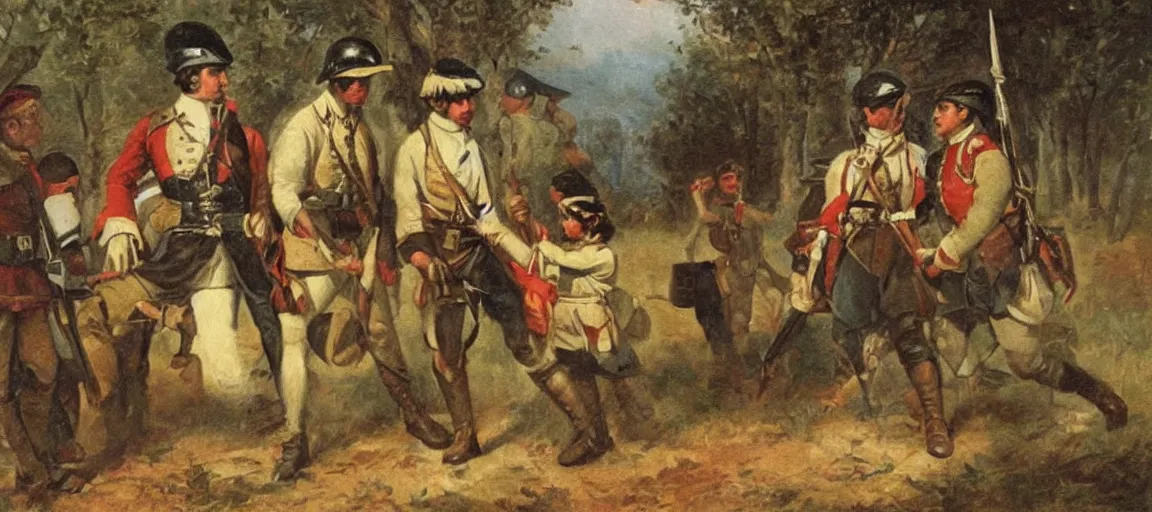 Image similar to american revolutionary painting of a french soldier protecting an indian girl and a british boy.