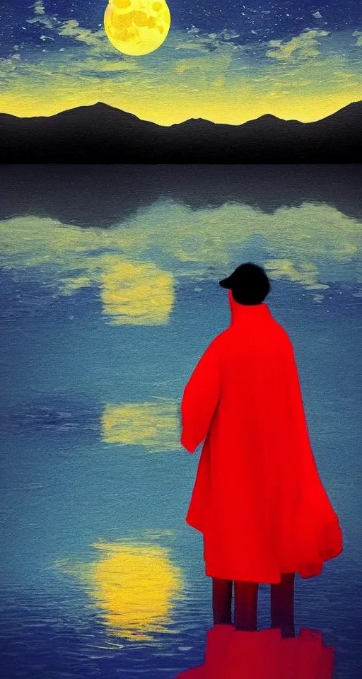 Prompt: beautiful colorful digital painting of a robed figure standing at the side of a dark lake, looking at the reflection of the moon in the water realistic, colorful, vibrant. highly detailed