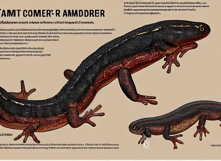 Image similar to Comparison between the common salamander and the giant salamander. Comparative anatomy. Adaption for size and weight.