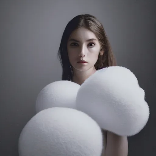 Prompt: photorealistic portrait of cute girl model, close up, staring directly at camera, fluffy soft big cotton balls floatingaround, studio lighting, blurry background, shot on iphone 1 3 pro, by annie leibovitz