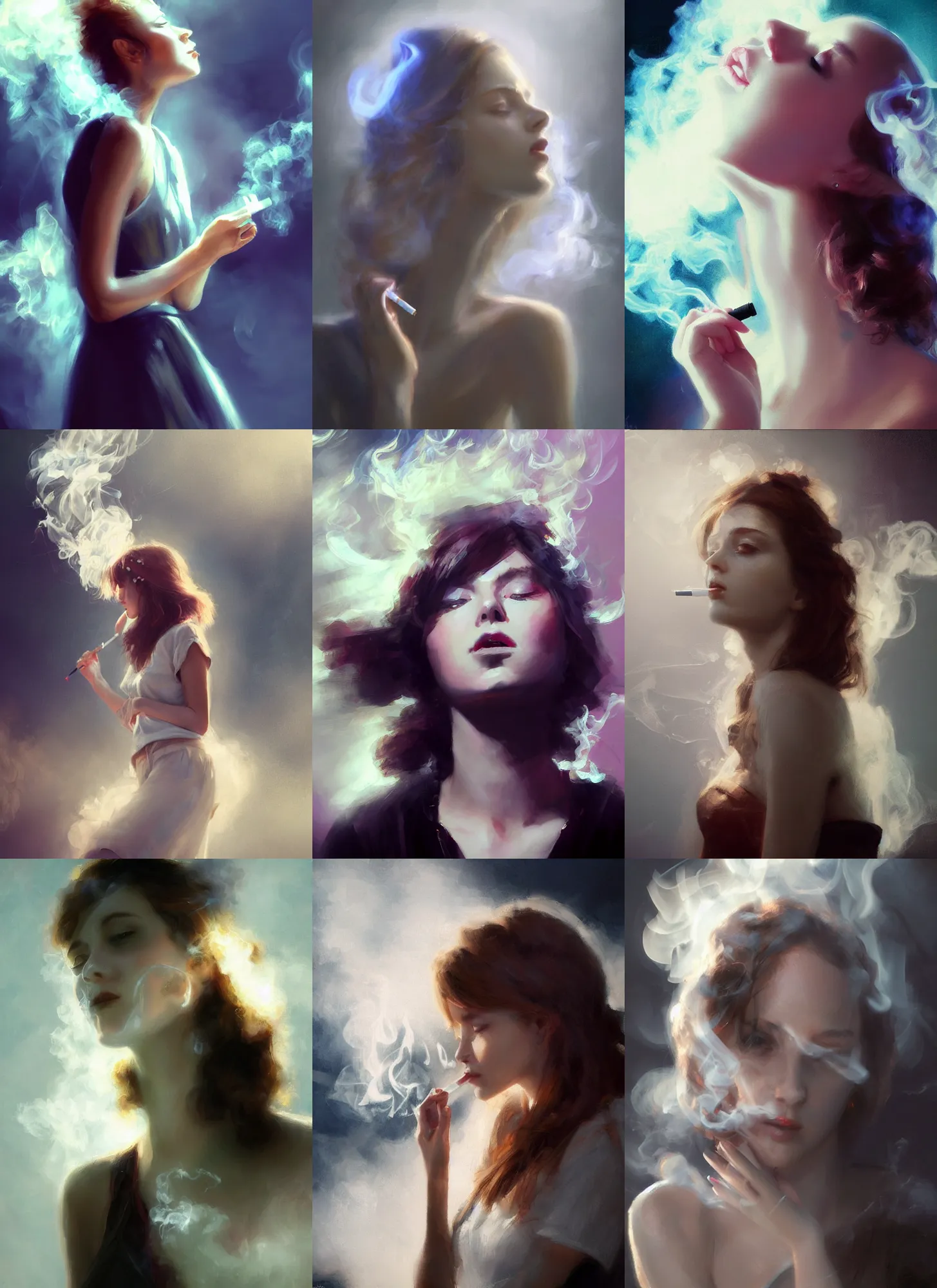 Prompt: girl smoking a cigarette, white smoke, dramatic lighting, chromatic aberration, white smoke by Daniel Gerhartz, trending on ArtStation