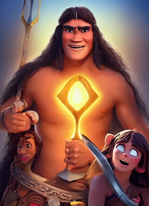 Prompt: portrait of teenage conan the barbarian, smiling. arrogant. great sword with golden pommel. sunset. 3 d pixar and disney!! in the style of disney pixar, moana, brave, the good dinosaur.