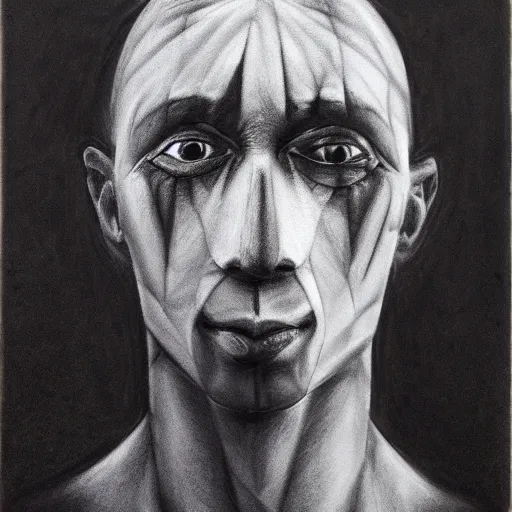 Image similar to a black and white photo of a man with a strange face. precisionism, charcoal drawing, surrealist, genderless