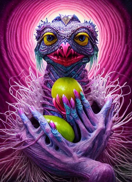 Image similar to hyper detailed 3d render like a Oil painting - kawaii portrait Aurora (a skeksis from dark crystal that looks slightly like an evil Anya Taylor-Joy) seen Eating of the Strangling network of yellowcake aerochrome and milky Fruit and His delicate Hands hold of gossamer polyp blossoms bring iridescent fungal flowers whose spores black the foolish stars by Jacek Yerka, Ilya Kuvshinov, Mariusz Lewandowski, Houdini algorithmic generative render, Abstract brush strokes, Masterpiece, Edward Hopper and James Gilleard, Zdzislaw Beksinski, Mark Ryden, Wolfgang Lettl, hints of Yayoi Kasuma, octane render, 8k