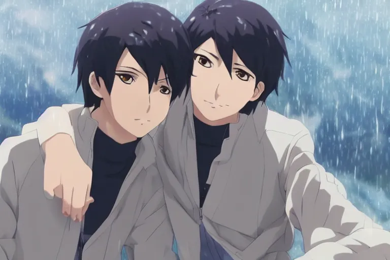 Prompt: Two handsome anime guys, one with black hair and the other with loess hair, Makoto Shinkai, rainy day