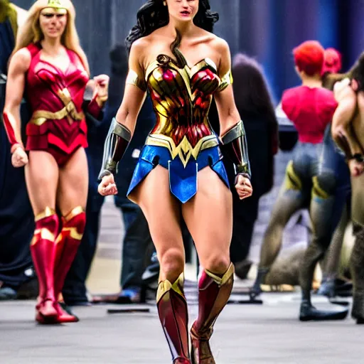 Image similar to A wide angle shot of athletic Wonder Woman from Justice League movie with athletic body, award winning photograph, 200mm F/2.0