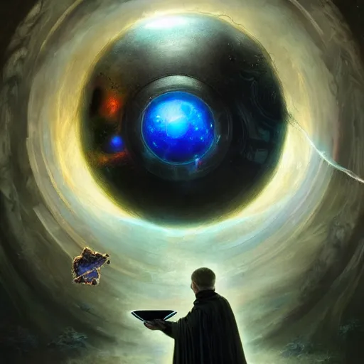 Image similar to the creator of worlds wearing a cloak and holding a holographic planet projection in his hand, detailed, sci - fi, digital painting, artstation, sharp focus, illustration, ominous, artgerm, tomasz alen kopera, peter mohrbacher, donato giancola, joseph christian leyendecker, wlop, frank frazetta