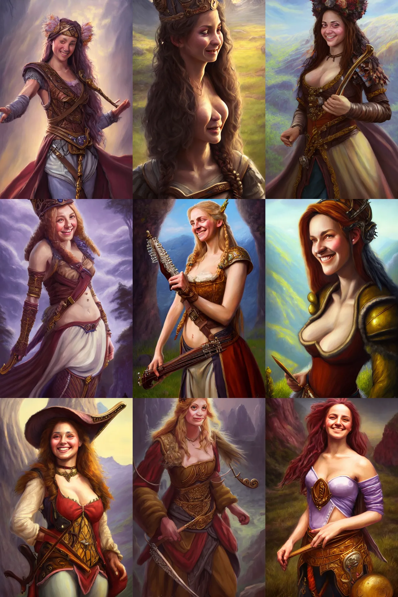 Image similar to a full body high detail fantasy portrait oil painting illustration of a single beautiful smiling bard woman by justin sweet with face and body clearly visible, in a scenic background, pretty eyes, realistic proportions, d & d, rpg, forgotten realms, artstation trending, high quality, sombre mood, artstation trending, muted colours, entire person visible!