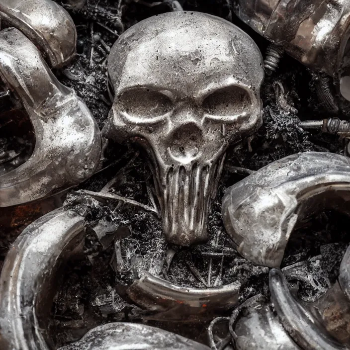 Image similar to wide angle shot of molten metal being poured into a mold in the shape of a punisher skull emblem. background is firey foundry. detailed, high art, intricate, artisan