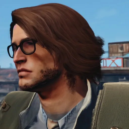 Prompt: a screenshot of a handsome guy with very long brownish! hair, with nerdy glasses in fallout 4