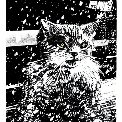Prompt: tabby cat in a widescreen snowstorm katsuhiro otomo highly detailed black & white 1 0 2 4 x 1 0 2 4