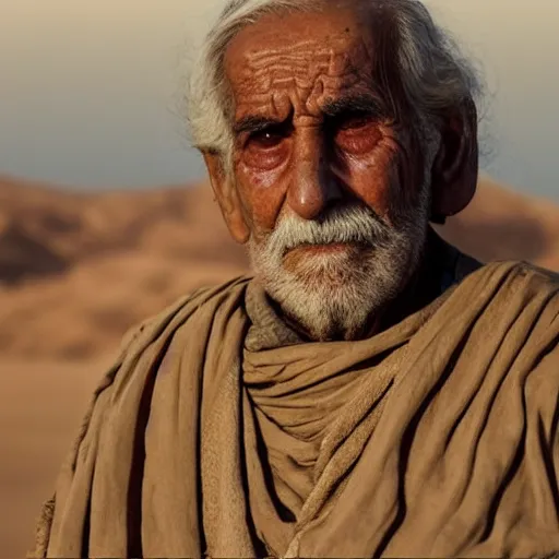 Prompt: award winning cinematic still portrait of distraught 85 year old Mediterranean skinned man in Ancient Canaanite clothing, crying with dark silhouette of a lamb on their face, beard, short hair, Just before sunrise. Desert mountain background. sad, depressed, lonely, Biblical epic directed by Steven Spielberg