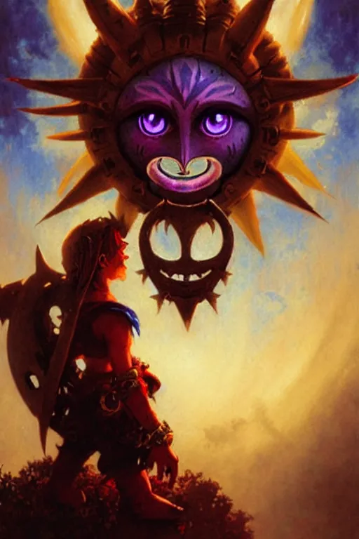 Image similar to majora's mask as a magic the gathering card portrait dnd, painting by gaston bussiere, craig mullins, greg rutkowski, yoji shinkawa