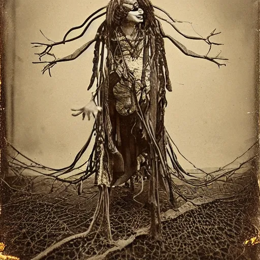 Image similar to 1860 photo of an old freak show spider-woman, on the middle of a forest, spooky , veins, arteries, intricate, golden ratio, full frame, elegant, highly detailed, ornate, ornament, sculpture, elegant , luxury, beautifully lit, ray trace, 3d, PBR