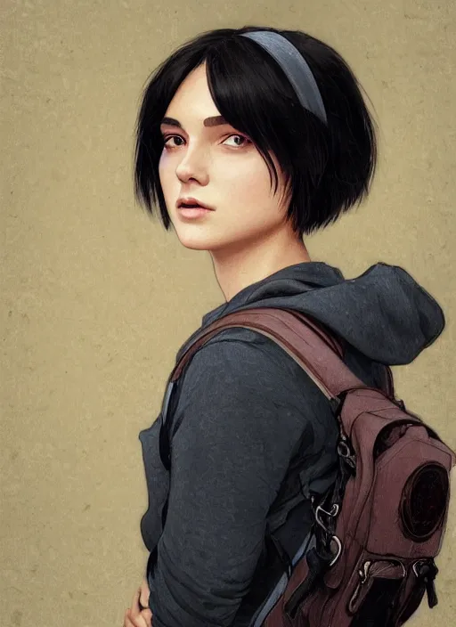 Prompt: Close-up portrait of distant young woman with short black hair in a bob cut, with a backpack, slightly dirty face, transparent background, png, highly detailed, digital painting, artstation, concept art, sharp focus, illustration, art by artgerm and greg rutkowski and alphonse mucha