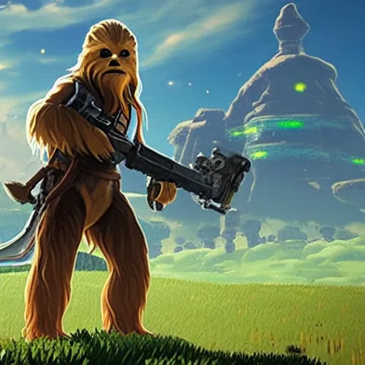 Prompt: Film still of Chewbacca, from The Legend of Zelda: Breath of the Wild (2017 video game)