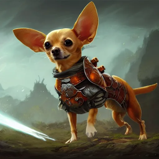 Prompt: tan coloured chihuahua Dog, battle armour, Anthropomorphized, casting epic spell, magic the gathering artwork, D&D, fantasy, cinematic lighting, centered, symmetrical, highly detailed, digital painting, artstation, concept art, smooth, sharp focus, illustration, volumetric lighting, epic Composition, 8k, art by Akihiko Yoshida and Greg Rutkowski and Craig Mullins, heroic pose, oil painting, cgsociety, magic lab background