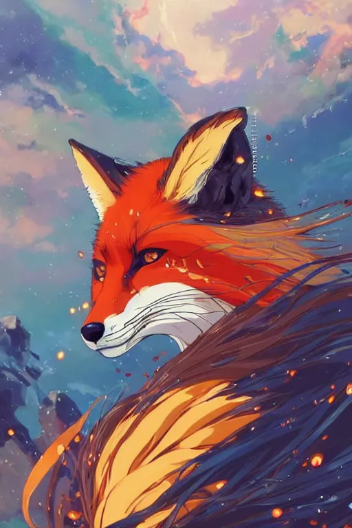 Prompt: maximalist intimidating fox, trending on pixiv fanbox, painted by makoto shinkai takashi takeuchi studio ghibli, akihiko yoshida, yoshitaka amano, wangechi mutu, clean cel shaded vector art. shutterstock. behance hd by lois van baarle, artgerm, helen huang, rossdraws, illustration