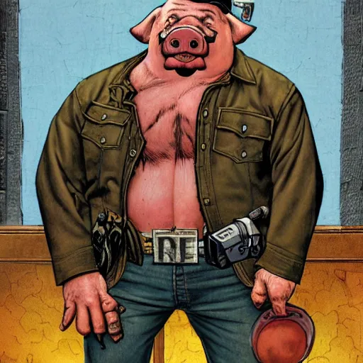 Image similar to hybrid of pig and nyc policeman, annoyed, ultra detailed, rule of thirds, style of norman rockwell, style of richard corben.