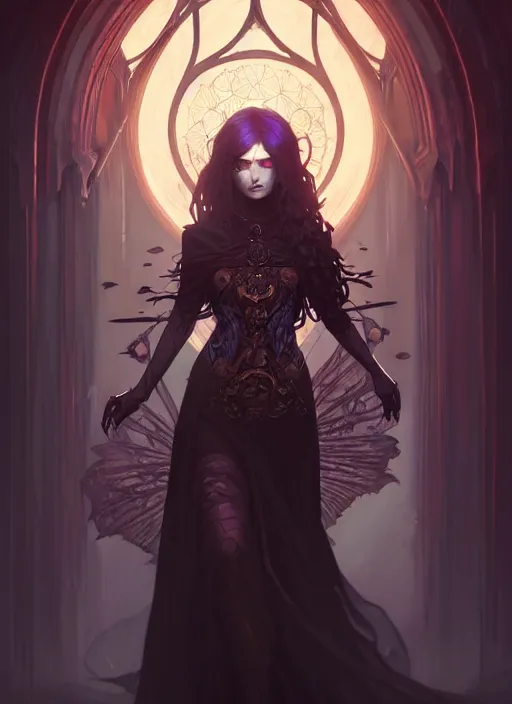 Image similar to Necromancer Sorceress, fantasy magic, undercut hairstyle, dark light night, intricate, elegant, sharp focus, illustration, highly detailed, digital painting, concept art, matte, art by WLOP and Artgerm and Greg Rutkowski and Alphonse Mucha, masterpiece