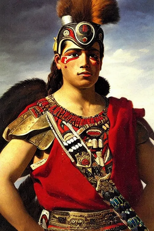 Prompt: Potrait of a Handsome Young Aztec Warrior, painting by Franz Xaver Kosler