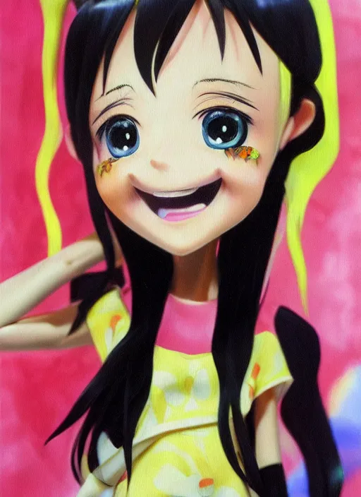 Prompt: a hyperrealistic oil panting of a kawaii anime girl figurine caricature with a big dumb grin featured on nickelodeon by dave mckean