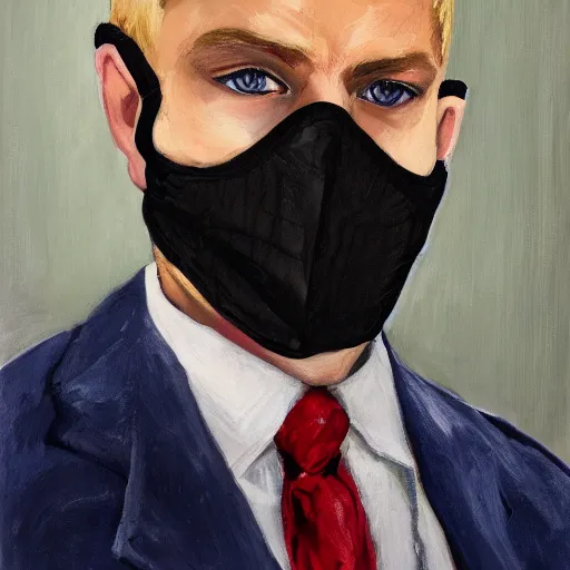 Image similar to portrait of a suited blond with medical gloves and a skull face mask.