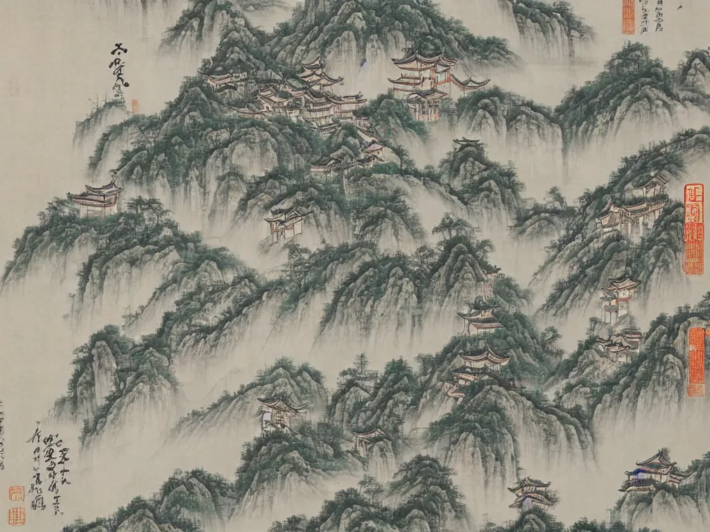 Image similar to traditional chinese painting of a town by huang gongwang