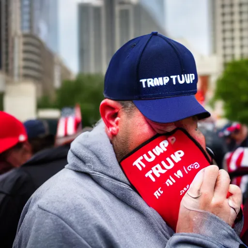 Image similar to photo still of a trump supporter crying, soaked in tears, mascara running down, street photography, maga hat, canon 7 0 - 2 0 0 mm lens f 2. 8