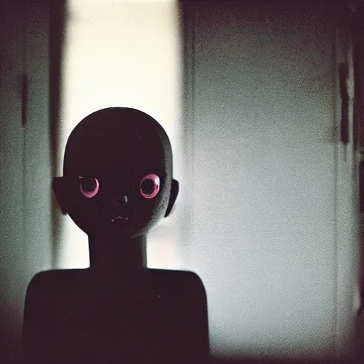 Image similar to fujifilm superia photo of a scary doll in empty office room, liminal, gloomy, grainy